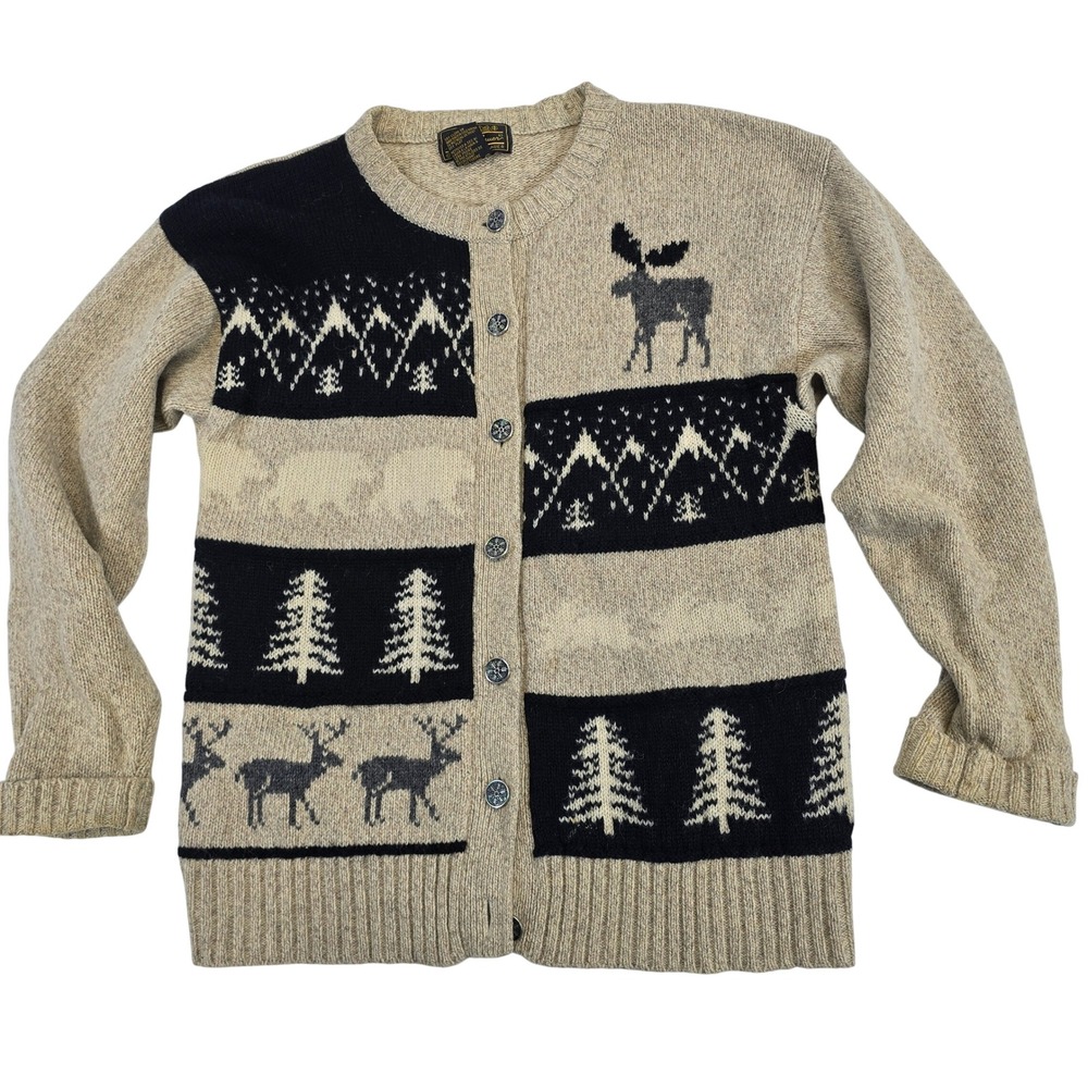 VTG Eddie Bauer Women's M Wool Blend Moose Tree Fair Isle Cardigan Sweater